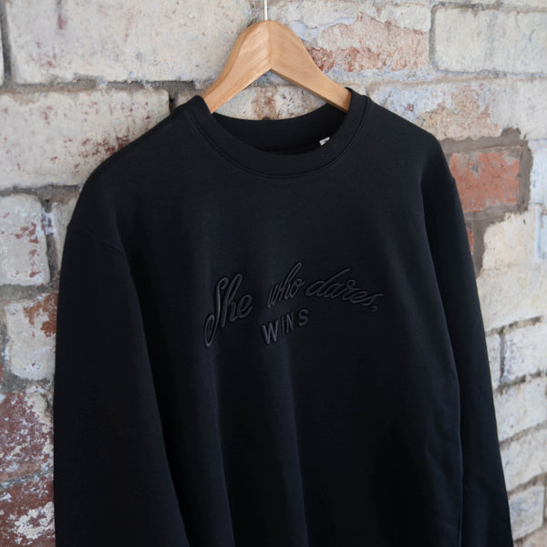 She Who Dares Wins | Black 3D Embroidered Sweatshirt