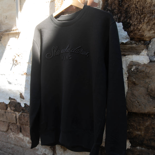 She Who Dares Wins | Black 3D Embroidered Sweatshirt