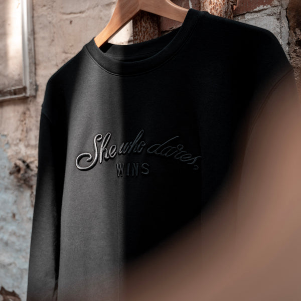 She Who Dares Wins | Black 3D Embroidered Sweatshirt