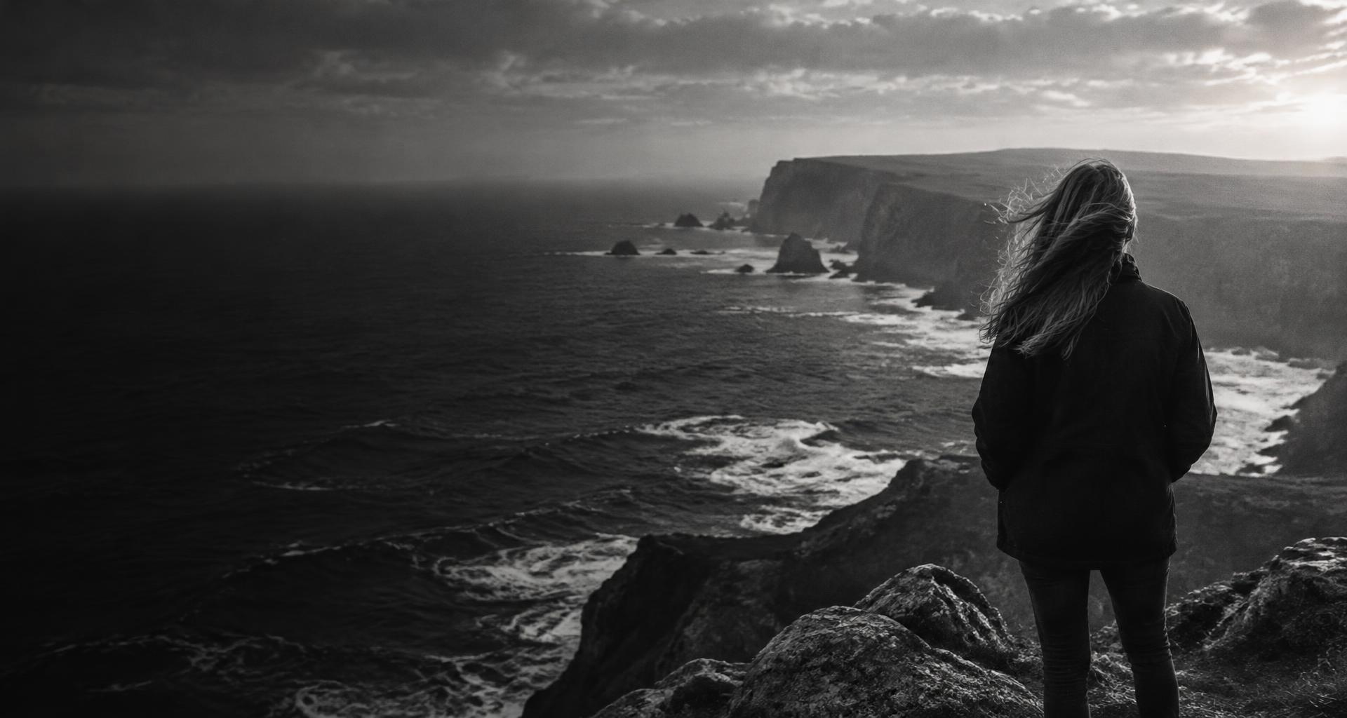 A woman looking out over a wild, open coastline