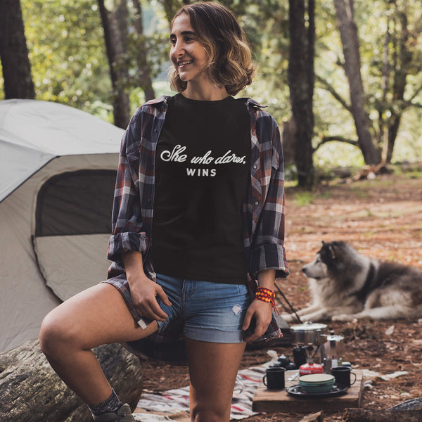 She Who Dares, Wins Black Tee